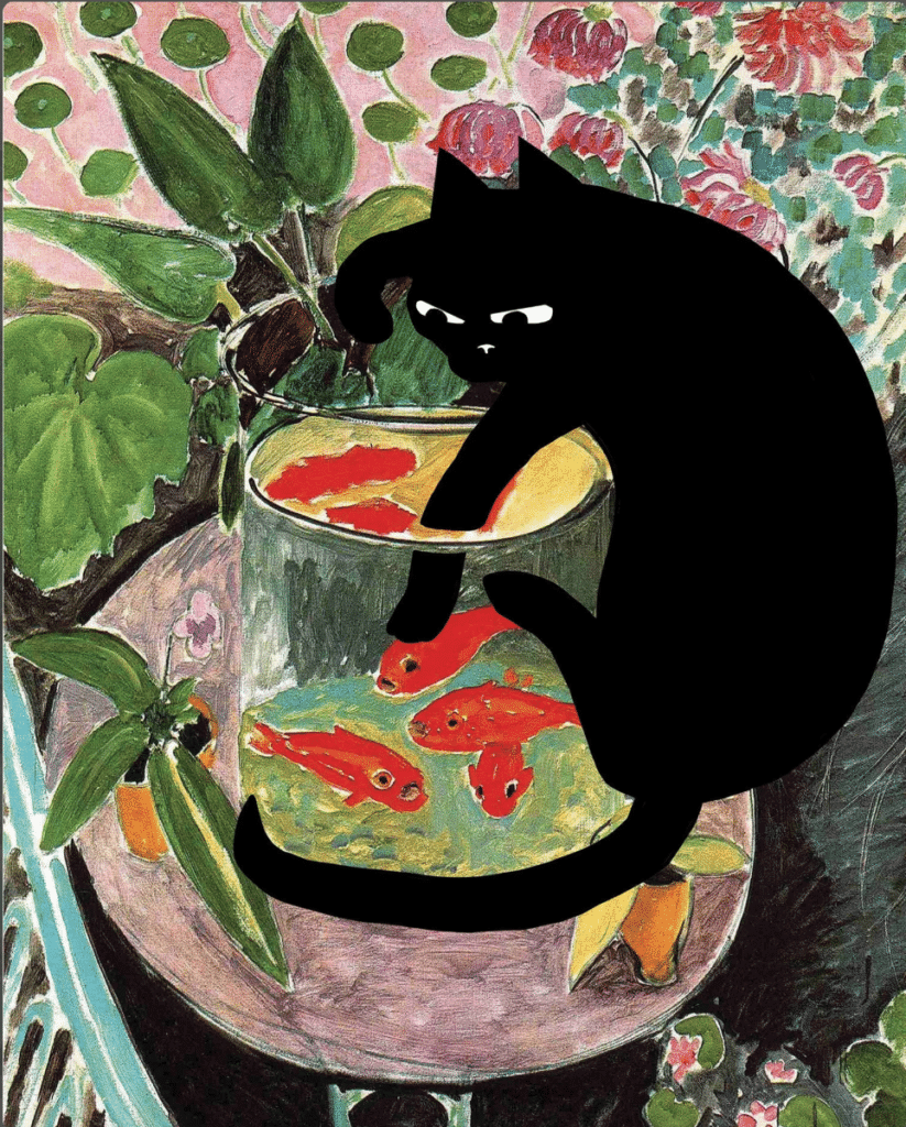 In this Matisse painting, a black cat mischeviously  swipes into a fish bowl with several goldfish in it. 