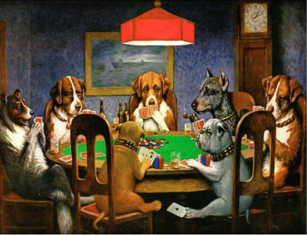 In this playful painting, dogs are playing poker at a round table. 